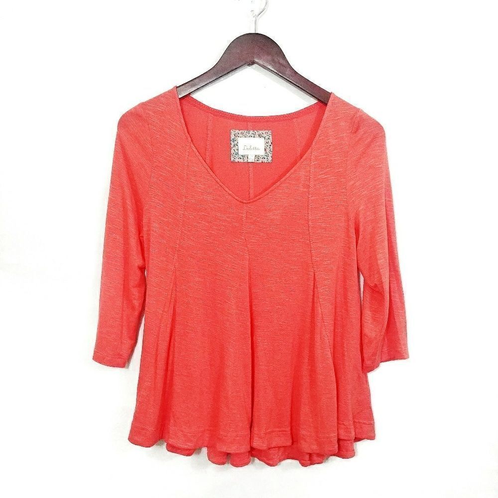 Anthropologie Top Deletta Godet Swing Small 3/4 Sleeve Orange